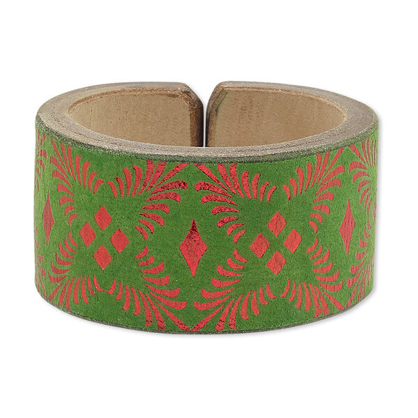 Bracelet, cuff, leather (dyed), green and metallic red, 38mm wide with burst design, adjustable from 6-7 inches. Sold individually. image number 0
