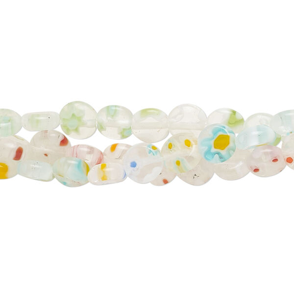 Bead mix, millefiori glass, translucent clear and multicolored, puffed flat round 5-6mm with flower design. Sold per (3) 14-inch strands. image number 0