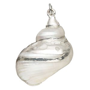 Drop, tapestry turban shell (natural) and silver-plated copper, white, 22mm-32x28mm with 5mm jump ring. Sold individually.