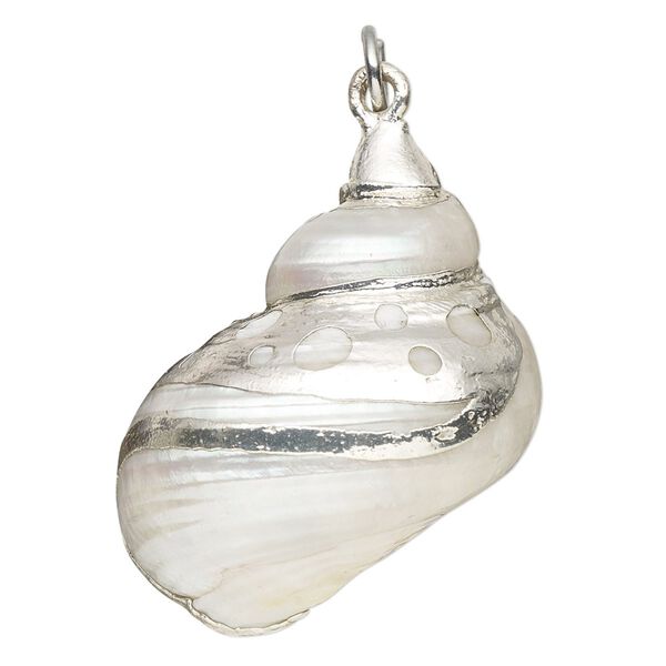 Drop, tapestry turban shell (natural) and silver-plated copper, white, 22mm-32x28mm with 5mm jump ring. Sold individually. image number 0