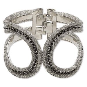 Bracelet, hinged bangle, glass rhinestone and antique silver-finished steel, black, 68mm wide with oval design, 6-1/2 inches. Sold individually.