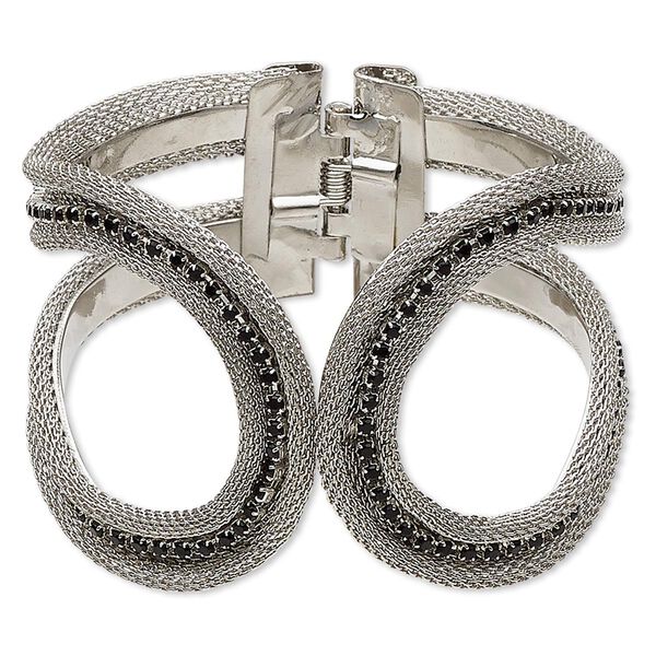 Bracelet, hinged bangle, glass rhinestone and antique silver-finished steel, black, 68mm wide with oval design, 6-1/2 inches. Sold individually. image number 0