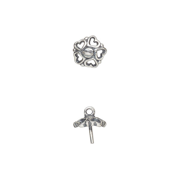 Cup, antiqued sterling silver, 8x8mm pentagon with hearts and 4.5x0.7mm peg. Sold individually. image number 0