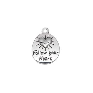 Drop, antique silver-plated "pewter" (zinc-based alloy), 15x13mm single-sided flat oval with raised heart design and engraved "Follow your Heart." Sold per pkg of 4.
