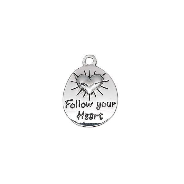Drop, antique silver-plated "pewter" (zinc-based alloy), 15x13mm single-sided flat oval with raised heart design and engraved "Follow your Heart." Sold per pkg of 4. image number 0