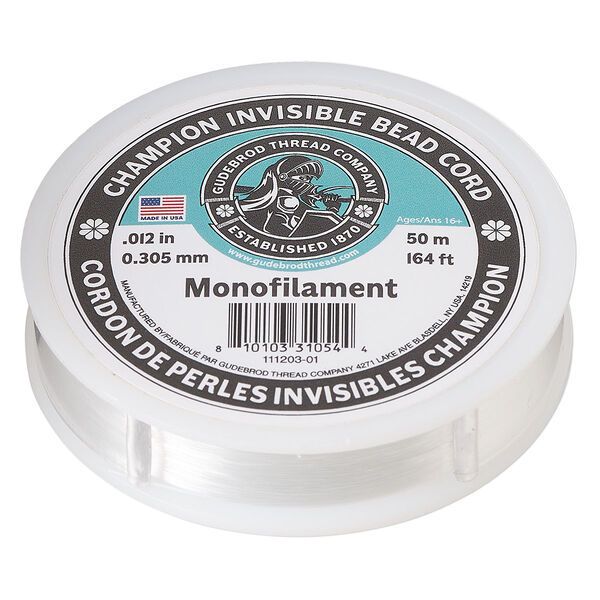 Cord, Gudebrod, nylon monofilament, clear, 0.012-inch, 6-pound test. Sold per 50-meter spool. image number 0