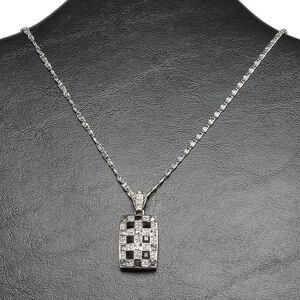 Necklace, imitation rhodium-finished "pewter" (zinc-based alloy) / steel / glass, clear / black / grey, 34x21mm single-sided rectangle with enamel and rhinestone accents, 22-inch flat chain with 2-inch extender chain and lobster claw clasp. Sold individually.