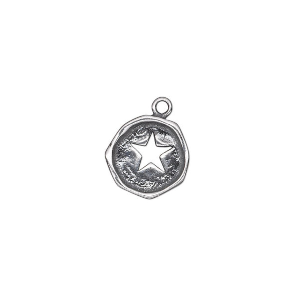 Drop, antiqued sterling silver, 12-13mm single-sided irregular round with cutout star. Sold individually. image number 0