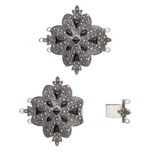Clasp, 3-strand tab, sterling silver / marcasite (natural) / black agate (dyed), 48x48mm fancy flower. Sold individually. image number 0