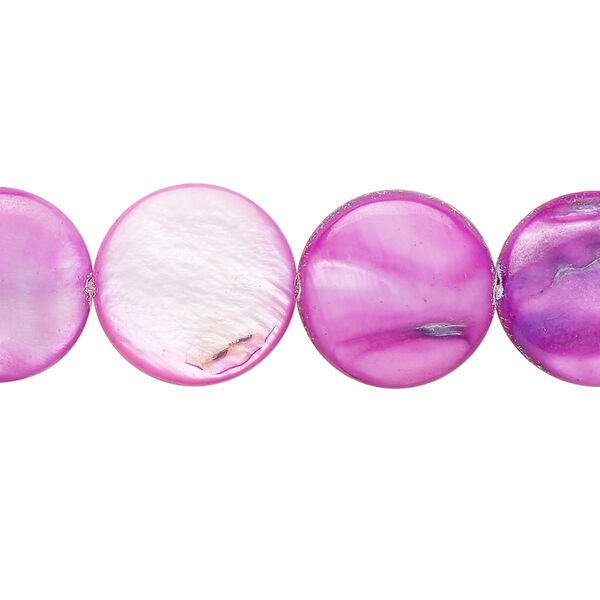 Mother-of-pearl shell 1pkg1, puffed flat round bead 15 inch fuchsia 14-15mm image number 0