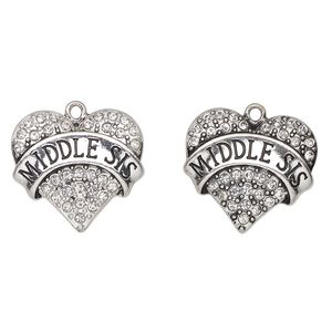 Charm, antique silver-finished enamel "pewter" (zinc-based alloy) and glass, clear and black, 24x23mm heart with "Middle Sis". Sold per pkg of 2.