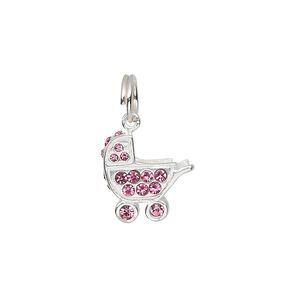 Charm, sterling silver and crystal, pink, 17x13mm baby buggy. Sold individually.