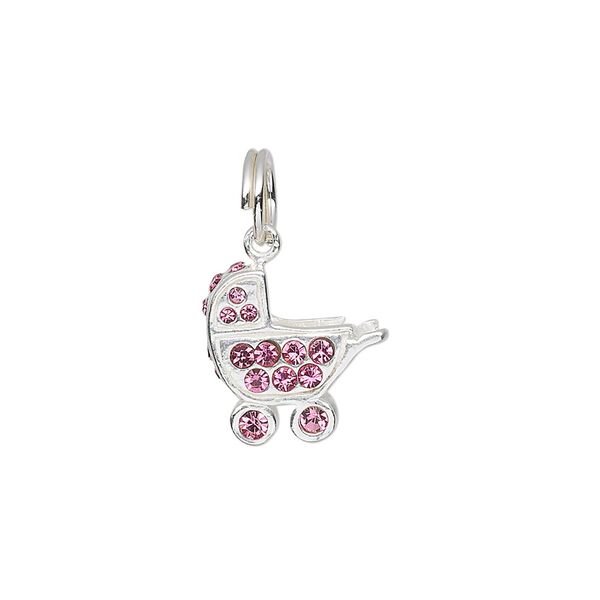 Charm, sterling silver and crystal, pink, 17x13mm baby buggy. Sold individually. image number 0