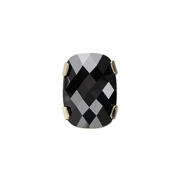 Spacer bar, crystal and gold-plated brass, Crystal Passions®, jet, 18x13mm double-drilled single-stone faceted rounded rectangle, 8mm between holes. Sold individually. image number 0
