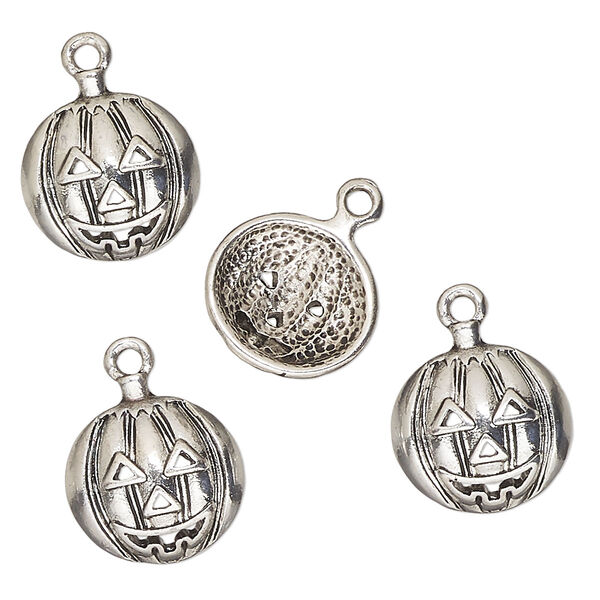 Charm, antique silver-finished "pewter" (zinc-based alloy), 16x15mm single-sided jack-o-lantern. Sold per pkg of 4. image number 0