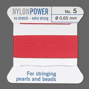Thread, Griffin, nylon, red, size #5. Sold per 2-meter card (approximately 78 inches).