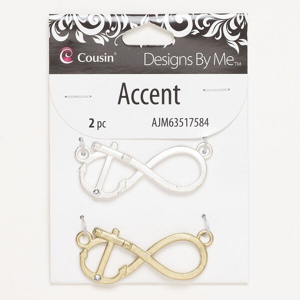 Focal assortment, "pewter" (zinc-based alloy) and glass, pkg/2,  gold finish/silver finish/clear, 45x20mm infinity loop with anchor. image number 0