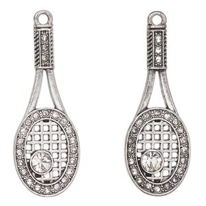 Focal, antique silver-finished "pewter" (zinc-based alloy) and glass, clear, 37x14mm tennis racket. Sold per pkg of 2.