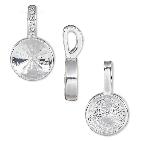 Pendant, Almost Instant Jewelry®, crystals and silver-plated "pewter" (zinc-based alloy), crystal clear, 24.5x14mm single-sided round with 12mm rivoli setting. Sold individually. image number 0