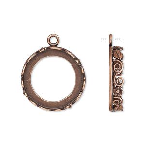 Drop, JBB Findings, antique copper-plated brass, 20mm round with open back and flower and leaf design trim, 18mm round bezel setting. Sold per pkg of 2.