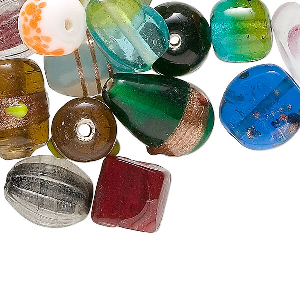 Bead mix, glass, mixed colors, 8mm-24x11mm mixed shapes and designs. Sold per 1/2 pound pkg, approximately 140-150 beads. image number 0