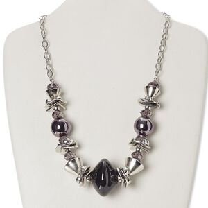 Necklace, acrylic / porcelain / silver- / gunmetal-coated plastic / silver-plated steel / brass, black, 41x28mm double cone, 23 inches with 2-inch extender chain and lobster claw clasp. Sold individually.