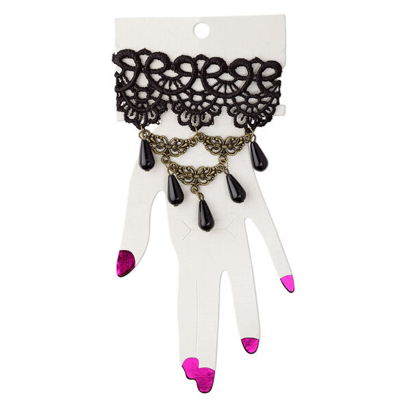 Bracelet, nylon / acrylic / antique brass-plated steel / "pewter" (zinc-based alloy), black, 36mm wide with 2-inch drape length and teardrop, 6-1/2 inches with 2-1/4 inch extender chain and lobster claw clasp. Sold individually. image number 0