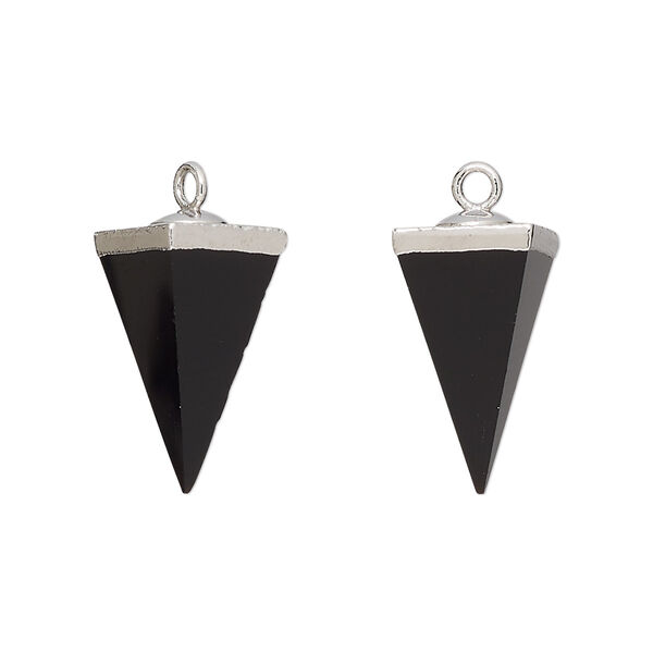 Drop, silver-plated black onyx (dyed) and electroplated sterling silver, 19x9mm-20x10mm hand-cut 3D 4-sided point, Mohs hardness 6-1/2 to 7. Sold individually. image number 0