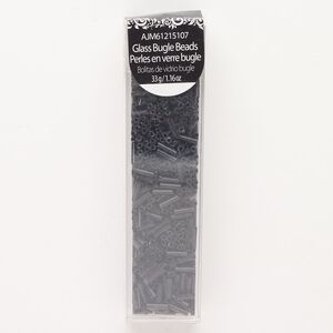 Bead, bugle bead, glass, opaque black, 7x2mm round tube. Sold per 33-gram pkg.
