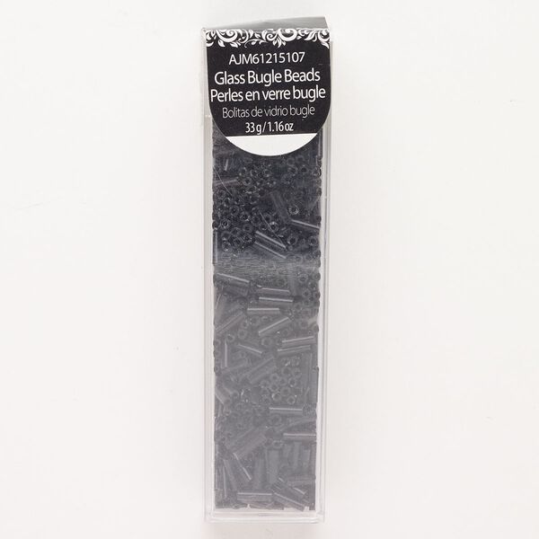 Bead, bugle bead, glass, opaque black, 7x2mm round tube. Sold per 33-gram pkg. image number 0