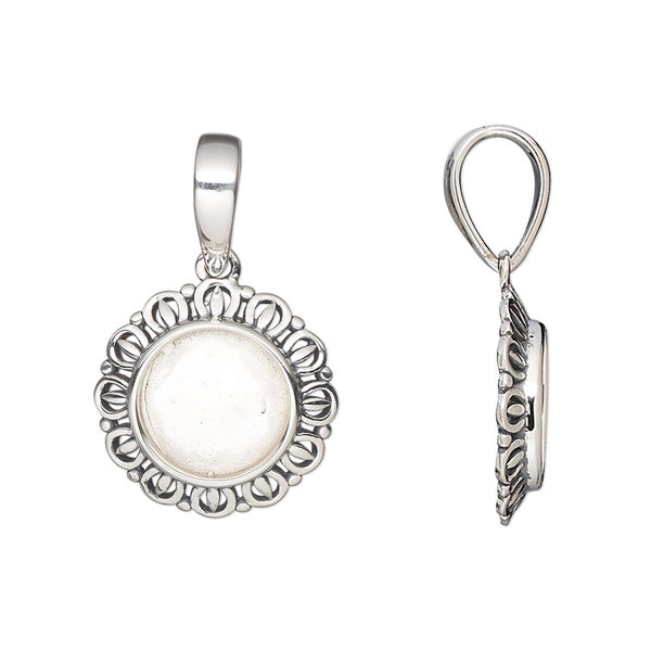 Pendant, antiqued sterling silver, 16mm round with fancy rim and 10mm round bezel setting. Sold individually. image number 0