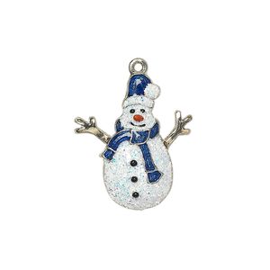Charm, enamel with silver-plated and gold-finished "pewter" (zinc-based alloy), multicolored with glitter, 22.5x19mm single-sided snowman. Sold individually.