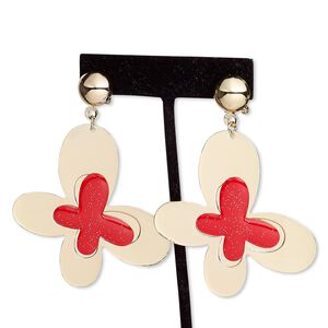 Earring, paper / acrylic / rose gold-finished steel, clear and red with silver-colored glitter, 3 inches with butterfly and post with latch. Sold per pair.