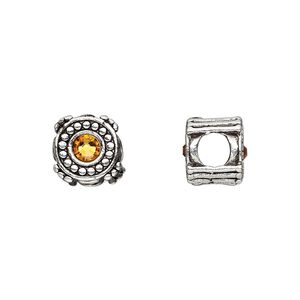 Bead, Dione®, antique silver-plated pewter (tin-based alloy) and crystal rhinestone, golden topaz yellow, 10mm double-sided round. Sold individually.