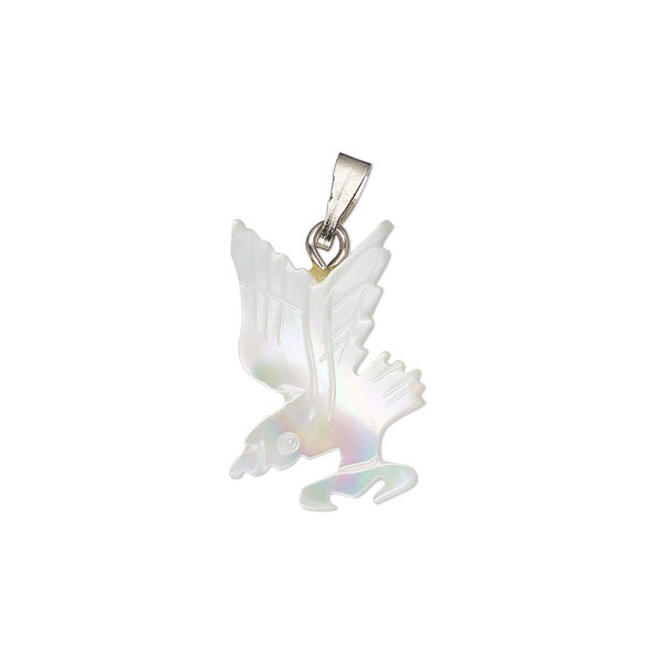 Pendant, mother-of-pearl shell (bleached) / antique silver-finished "pewter" (zinc-based alloy) / steel, 17x13mm-21x15mm single-sided carved bird. Sold individually. image number 0