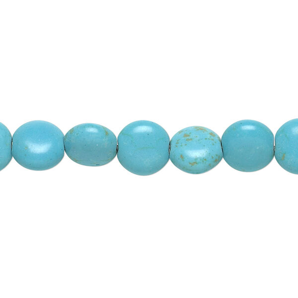 Bead, magnesite (dyed / stabilized), blue and green, 8mm puffed flat round, C- grade, Mohs hardness 3-1/2 to 4. Sold per 15-inch strand. image number 0