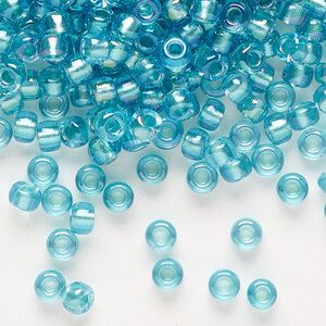 Seed bead, Miyuki, glass, pkg/250g, #6 rocaille, translucent aqua-lined luster crystal clear (RR-1822).