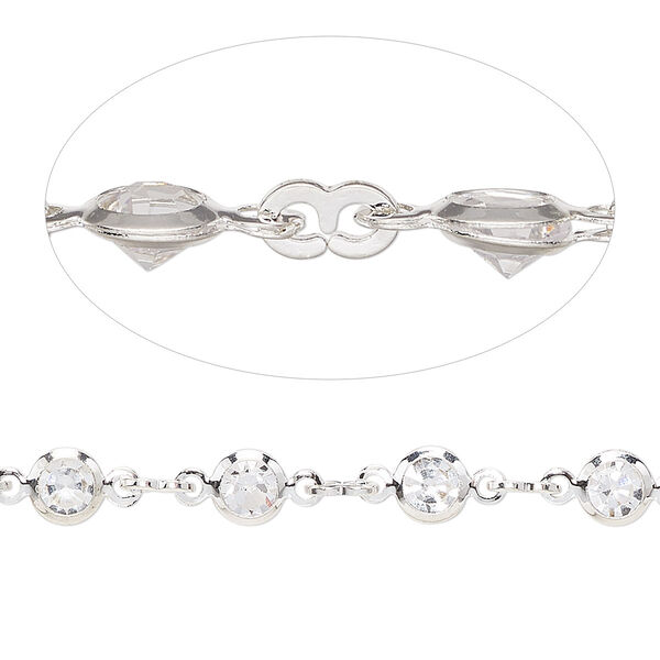 Chain, glass and silver-plated brass, clear, 3mm figure 8 and 5mm round. Sold per pkg of 1 meter. image number 0