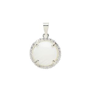 Pendant, glass rhinestone / mother-of-pearl shell / silver-finished brass, clear and white, 15mm single-sided round. Sold individually.
