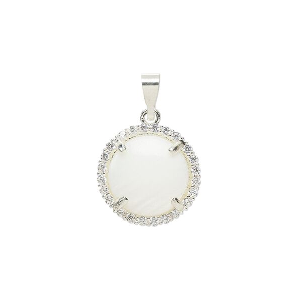 Pendant, glass rhinestone / mother-of-pearl shell / silver-finished brass, clear and white, 15mm single-sided round. Sold individually. image number 0