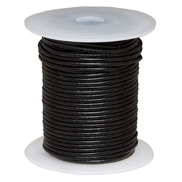 Cord, leather (dyed), black, 2mm round. Sold per 25-yard spool. image number 0