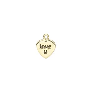 Charm, gold-plated sterling silver, 7.5x7mm single-sided heart with "love u." Sold individually.