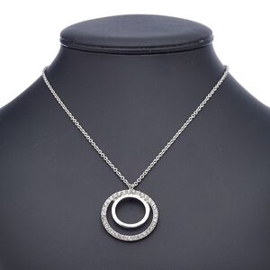 Necklace, glass rhinestone with imitation rhodium-finished steel and "pewter" (zinc-based alloy), clear, 35mm double open round, 18 inches with 2-inch extender chain and lobster claw clasp. Sold individually.