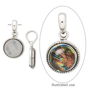 Pendant, antiqued sterling silver, 27x16mm with round and twisted rope design with 12mm round bezel setting. Sold individually.