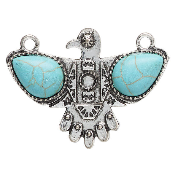 Focal, antique silver-finished "pewter" (zinc-based alloy) and "turquoise" (resin) (imitation), turquoise blue, 41x31mm single-sided eagle. Sold per pkg of 2. image number 0