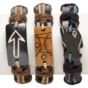 Bracelet mix, leather / bone / waxed cotton cord (dyed), multicolored, 17-24mm wide with mixed shape, adjustable from 5-8 inches with wrapped knot closure. Sold per pkg of 3.