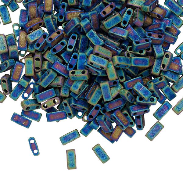 Seed bead, TILA®, glass, pkg/10g, 5x2.3mm half tila rectangle, opaque matte rainbow black, (HTL-401FR). image number 0