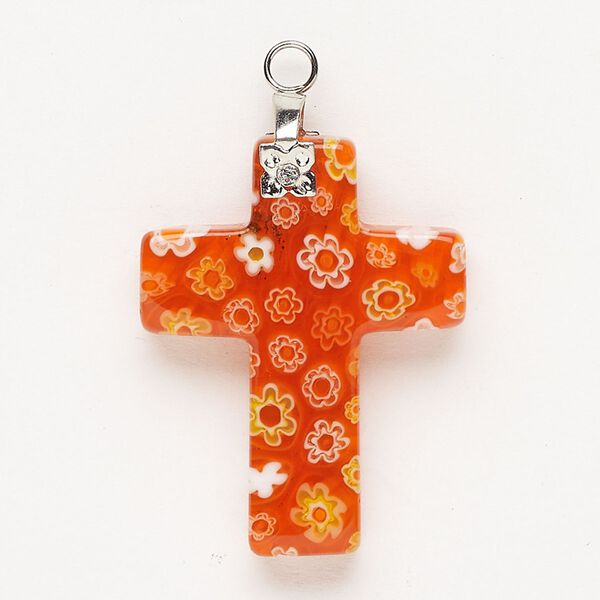 Focal 1pkg1 silver-finished steel and millefiori glass, translucent and transparent orange / white / yellow, 30x20mm-32x24mm cross. image number 0