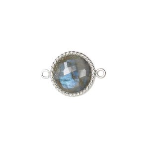 Link, labradorite (natural) and sterling silver, 14-16mm hand-cut double-sided faceted round with twisted wire design. Sold individually.