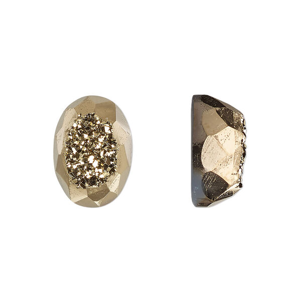 Cabochon, druzy agate (coated), golden, 14x10mm hand-cut loosely calibrated faceted oval, B grade, Mohs hardness 7. Sold individually. image number 0